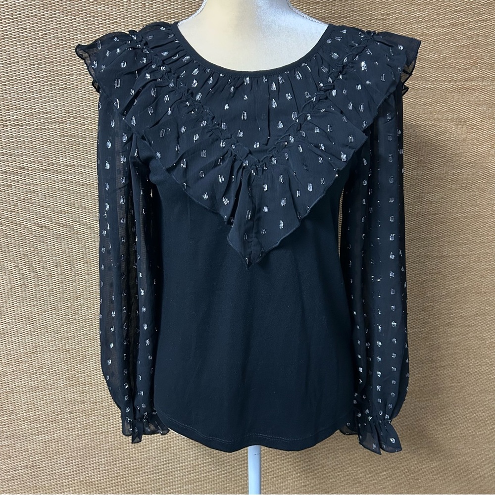 Loft Blouse Womens Small Black Shimmer Dotted Ruffle Yoke Mixed Media Top NWT